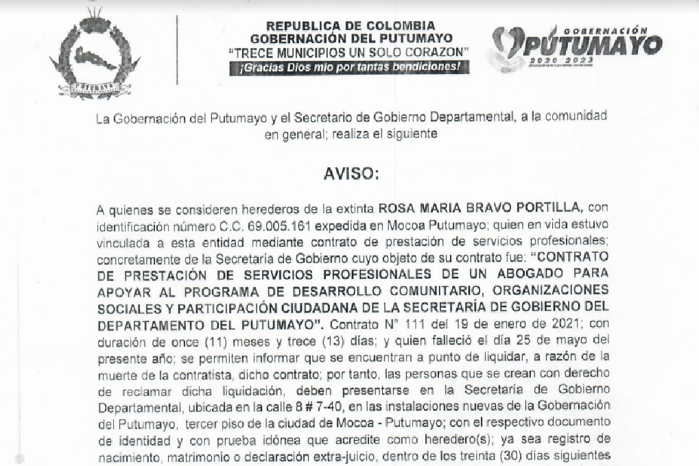 La Gobernación del Putumayo y el Secretario de Gobierno Departamental, a la comunidad en general; realiza el siguiente Aviso: (2)