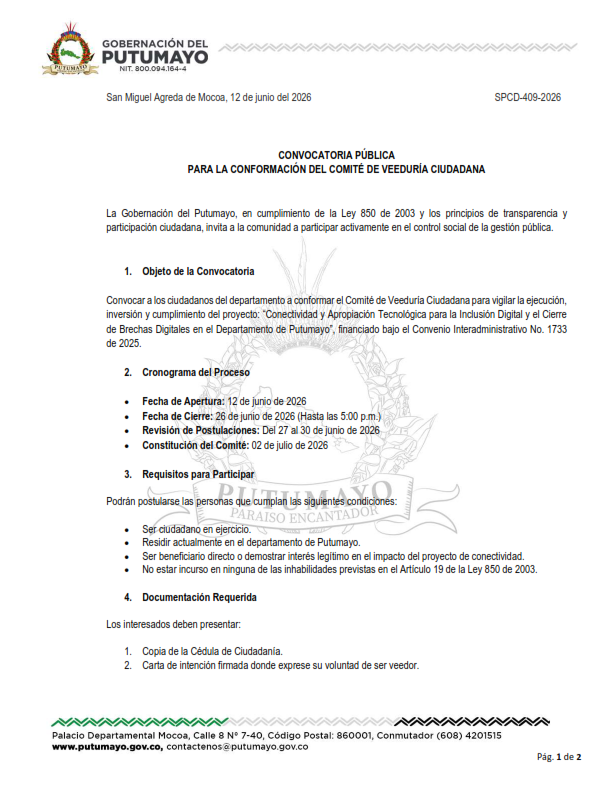 Comunicado Convocatoria Pública Veeduría Ciudadana