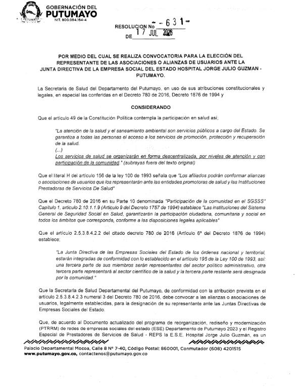 CONVOCATORIA PARA LA ELECCIÓN DEL REPRESENTANTE DE LAS ASOCIACIONES O ALIANZAS DE USUARIOS ANTE LA JUNTA DIRECTIVA DE LA EMPRESA SOCIAL DEL ESTADO HOSPITAL JORGE JULIO GUZMÁN - PUTUMAYO.