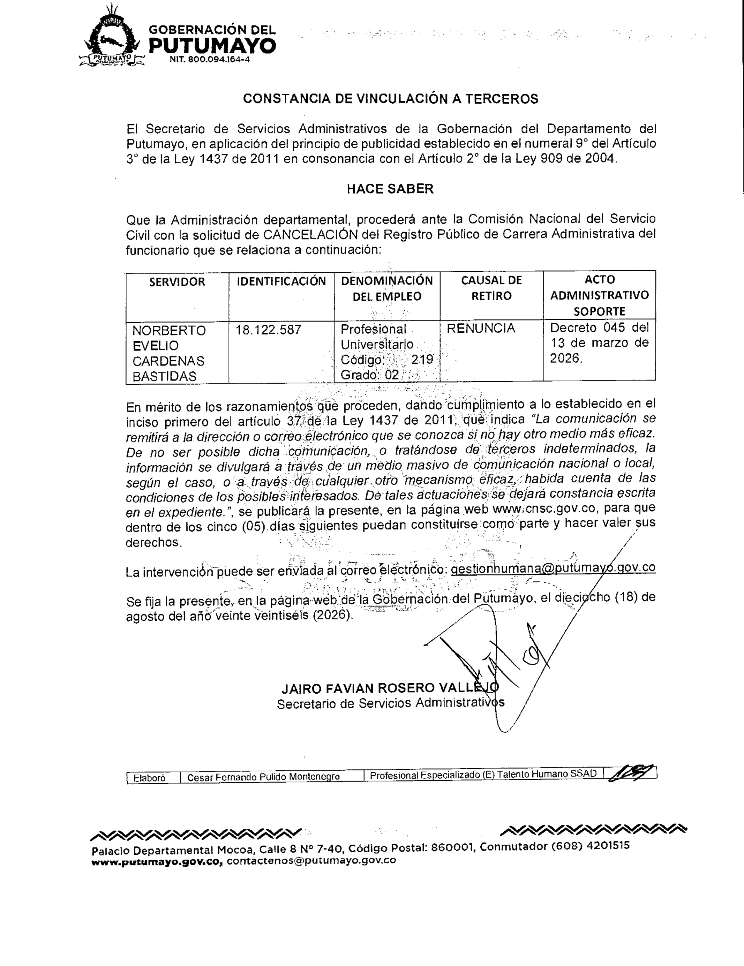 CONSTANCIA DE VINCULACIÓN A TERCEROS