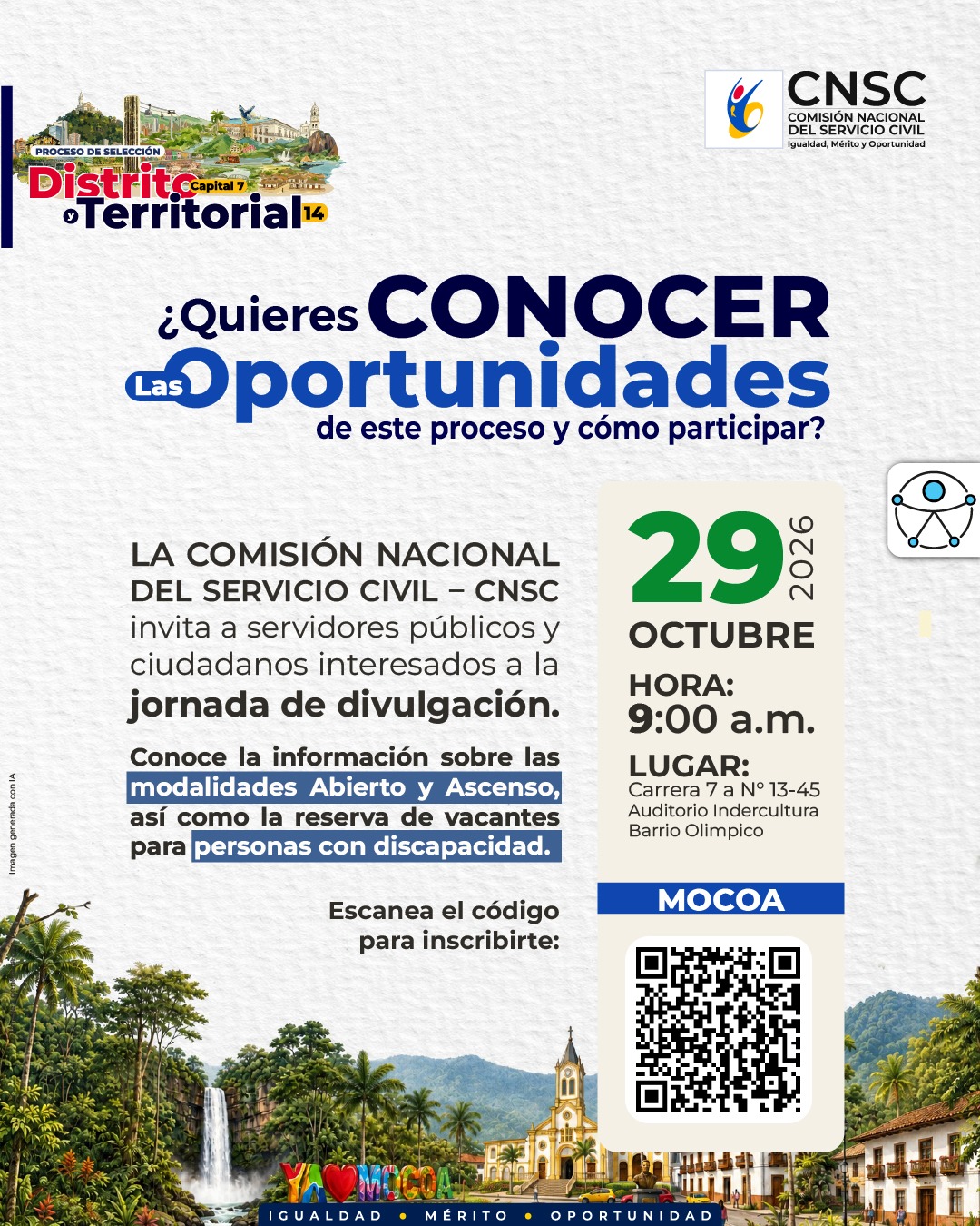 CNSC realizará en Mocoa jornada de divulgación del proceso de selección Distrito Capital 7 y Territorial 14